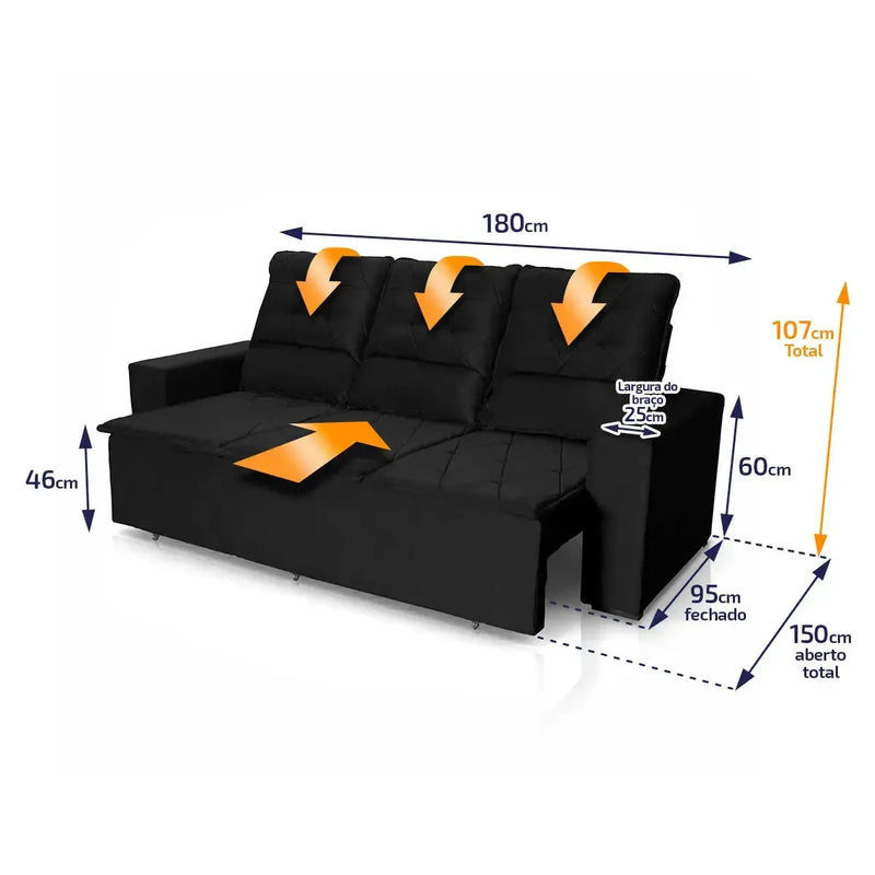 Sofá Retrátil Reclinável Europa 1,80m Suede Velut Preto Com Molas