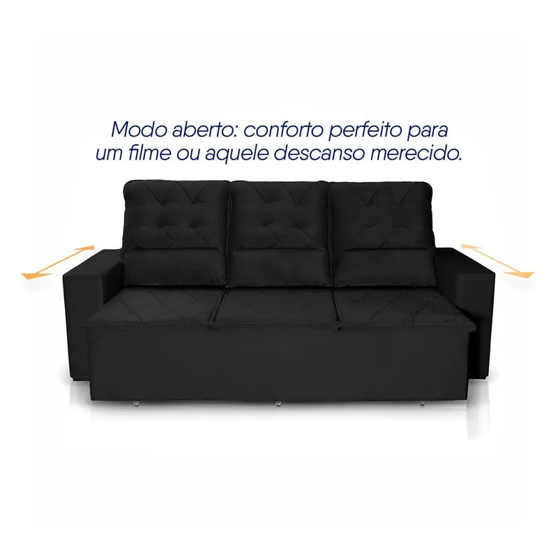 Sofá Retrátil Reclinável Europa 1,80m Suede Velut Preto Com Molas