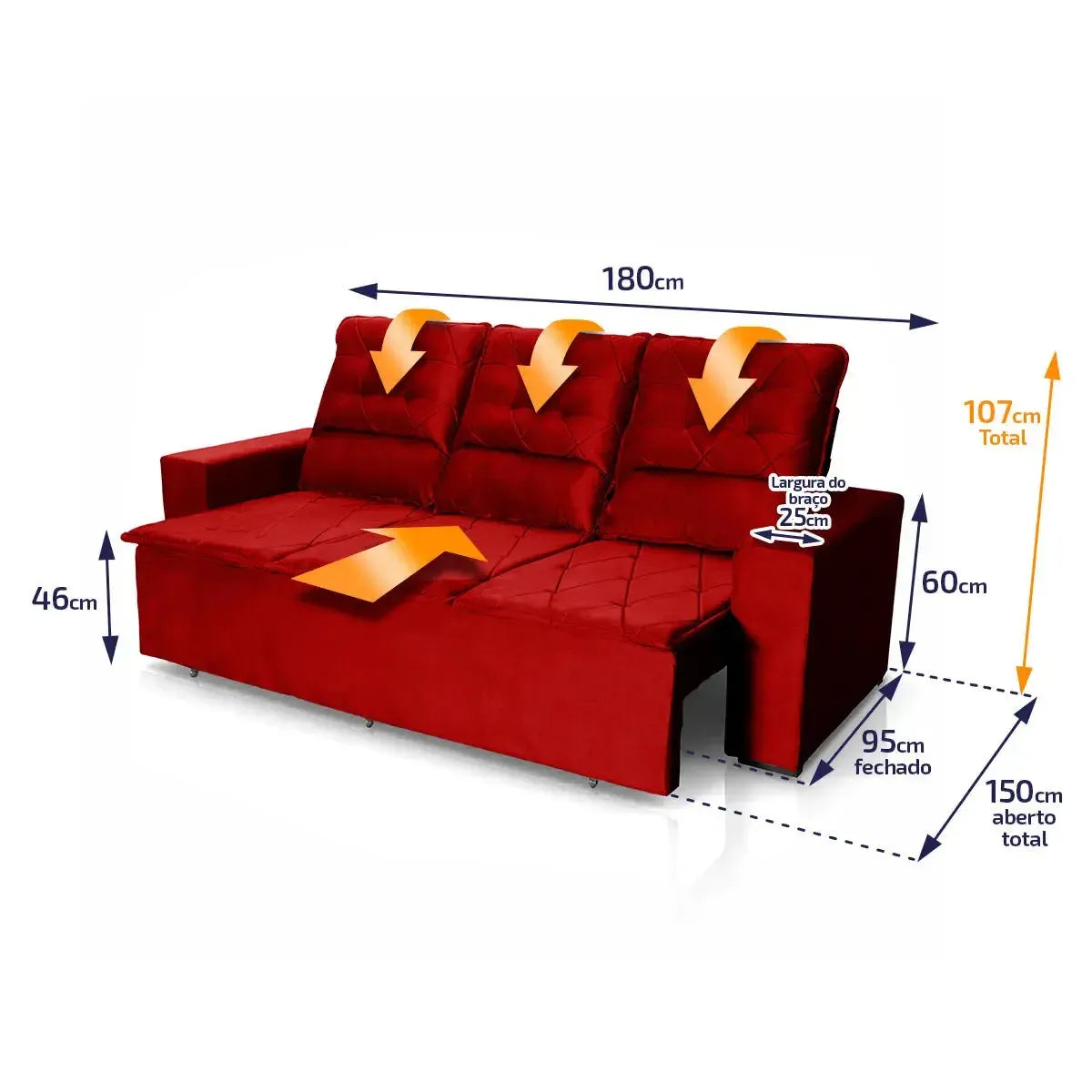Sofá Retrátil Reclinável Europa 1,80m Suede Velut Vermelho Com Molas