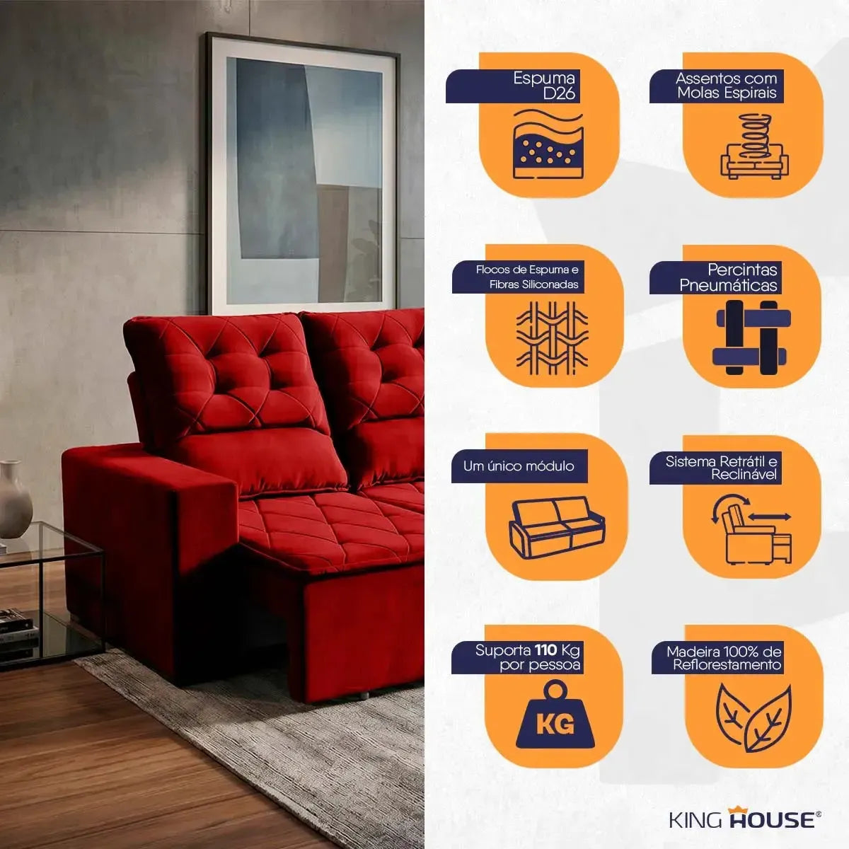 Sofá Retrátil Reclinável Europa 1,80m Suede Velut Vermelho Com Molas
