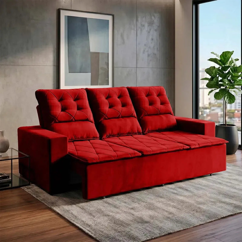 Sofá Retrátil Reclinável Europa 1,80m Suede Velut Vermelho Com Molas