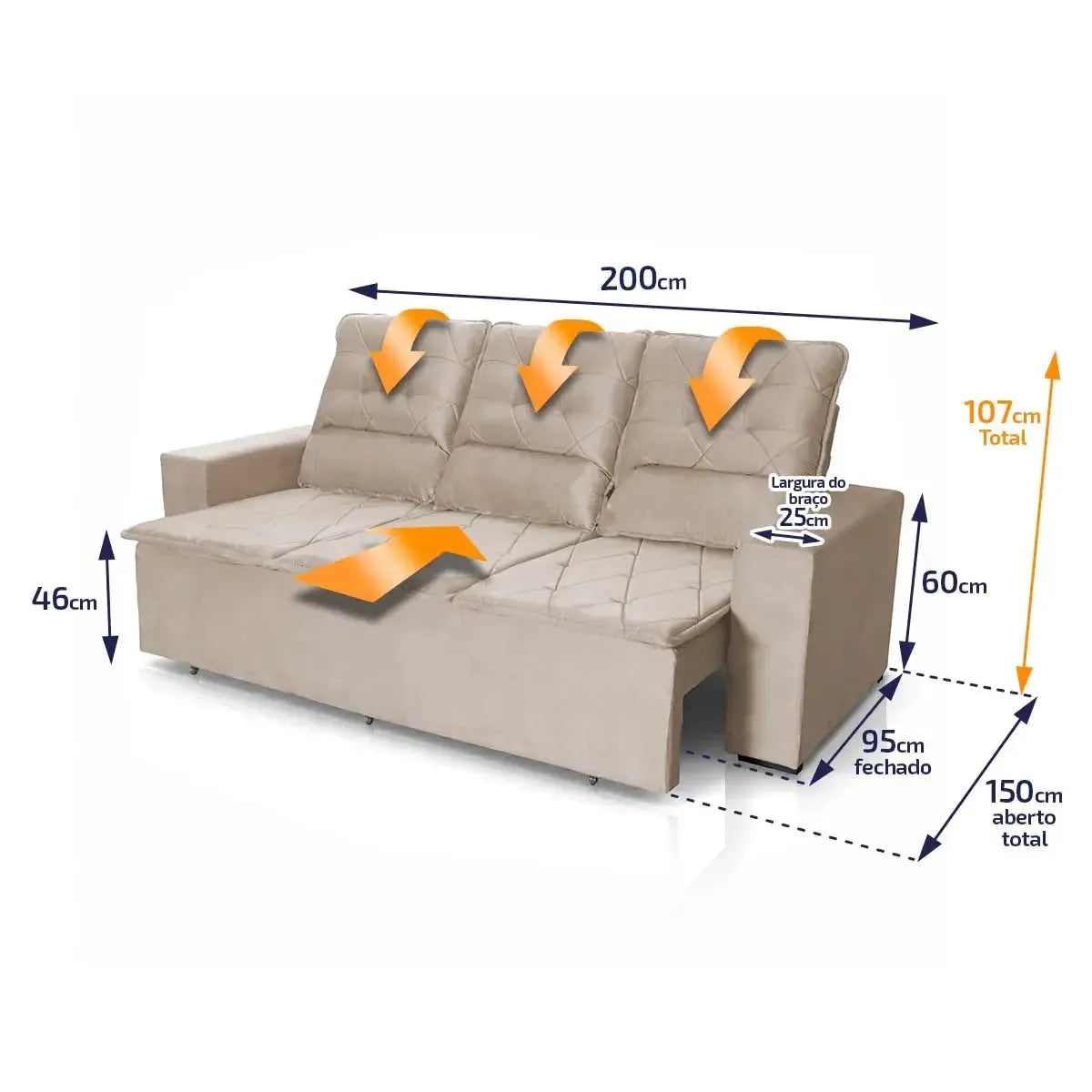Sofá Retrátil Reclinável Europa 2,00m Suede Velut Bege Molas Espirais