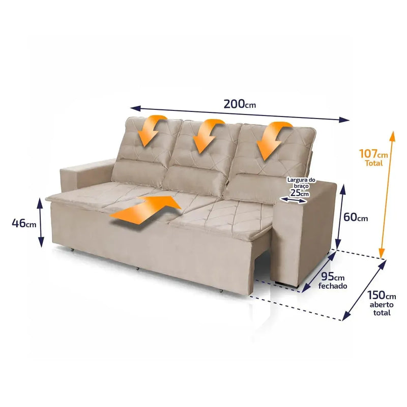 Sofá Retrátil Reclinável Europa 2,00m Suede Velut Bege Molas Espirais