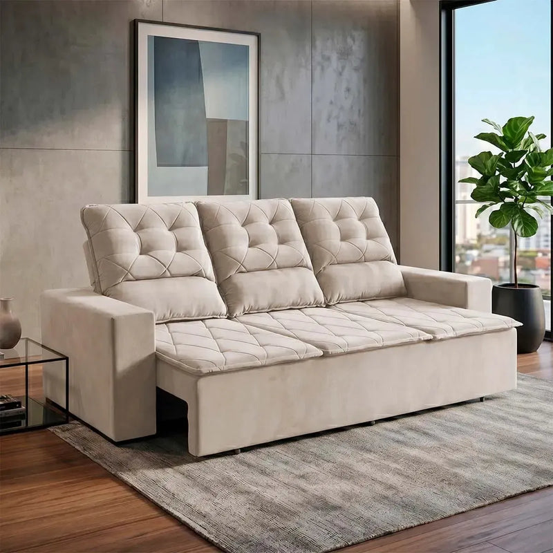 Sofá Retrátil Reclinável Europa 2,00m Suede Velut Bege Molas Espirais