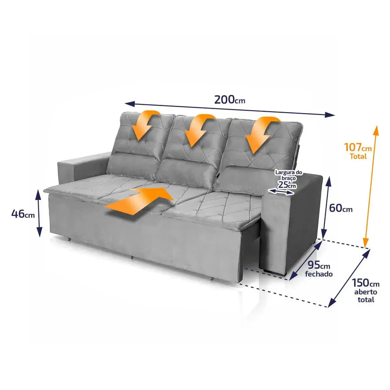 Sofá Retrátil Reclinável Europa 2,00m Suede Velut Cinza Com Molas