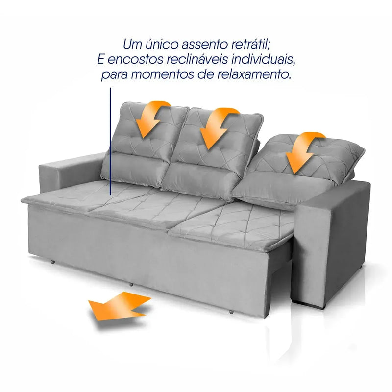 Sofá Retrátil Reclinável Europa 2,00m Suede Velut Cinza Com Molas