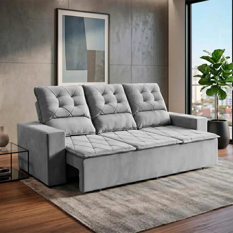 Sofá Retrátil Reclinável Europa 2,00m Suede Velut Cinza Com Molas