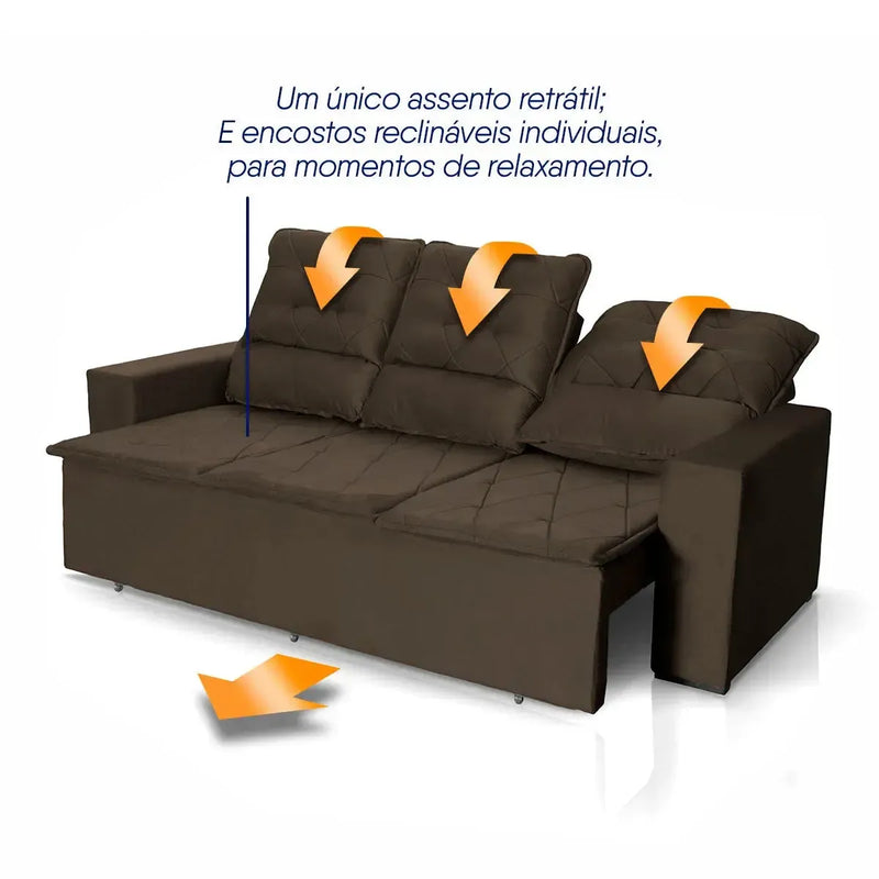 Sofá Retrátil Reclinável Europa 2,00m Suede Velut Marrom Molas Espirais