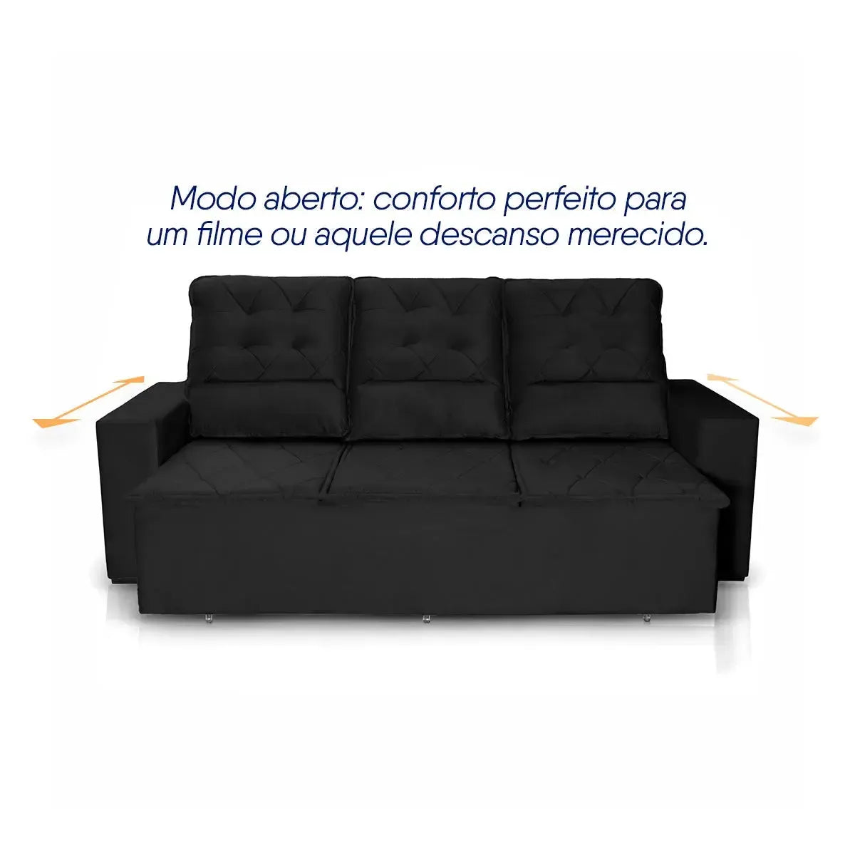 Sofá Retrátil Reclinável Europa 2,00m Suede Velut Preto Molas Espirais