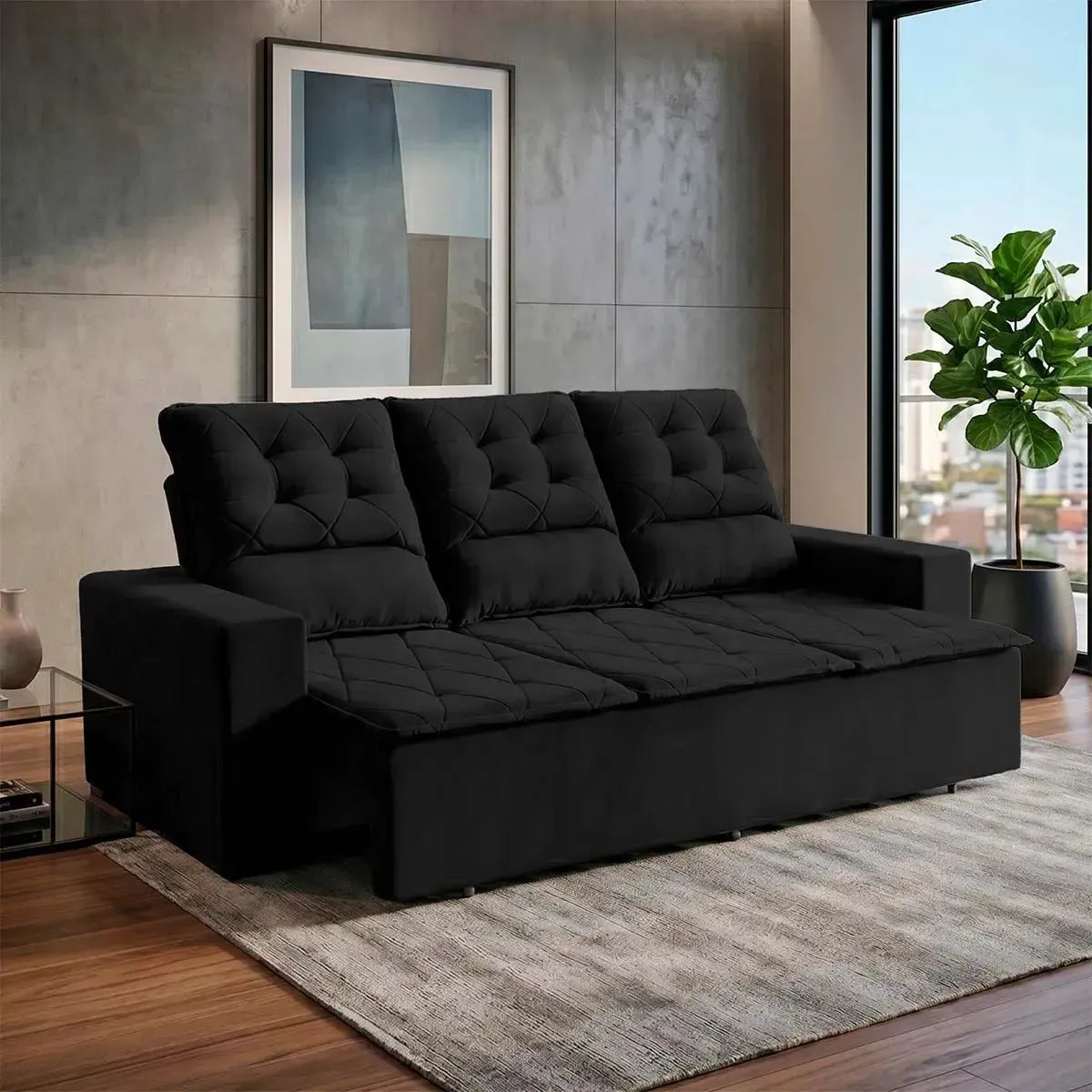 Sofá Retrátil Reclinável Europa 2,00m Suede Velut Preto Molas Espirais