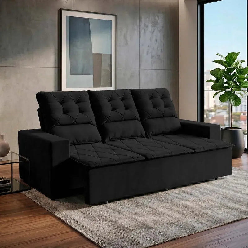 Sofá Retrátil Reclinável Europa 2,00m Suede Velut Preto Molas Espirais