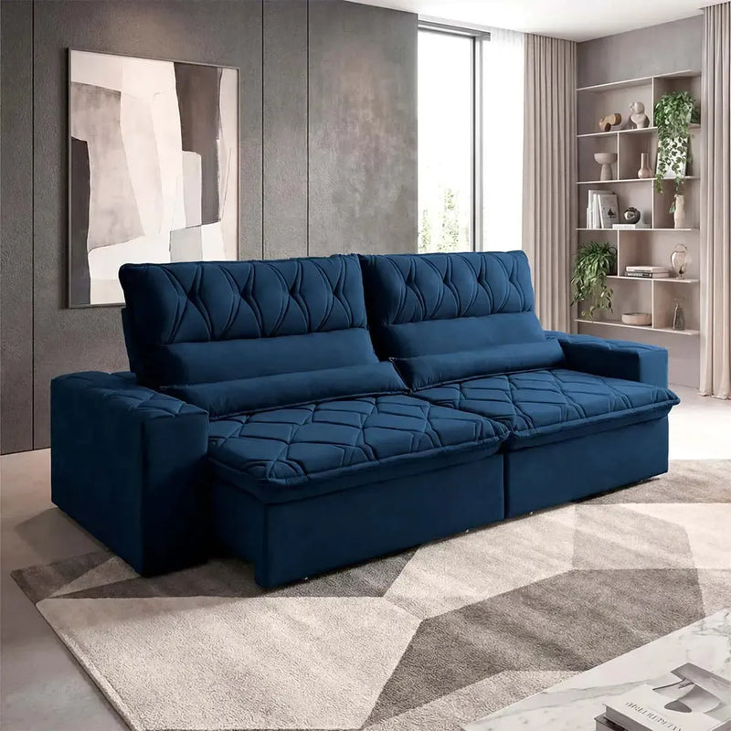 Sofá Retrátil Reclinável França 2,10m Suede Velut Azul Marinho Molas no Assento