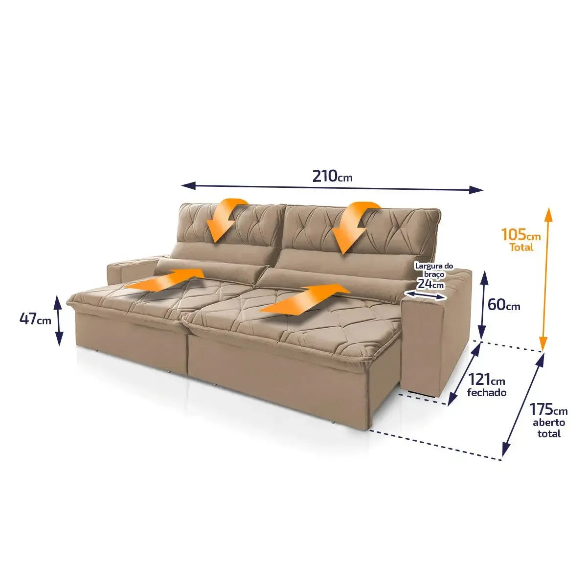 Sofá Retrátil Reclinável França 2,10m Suede Velut Bege Molas no Assento
