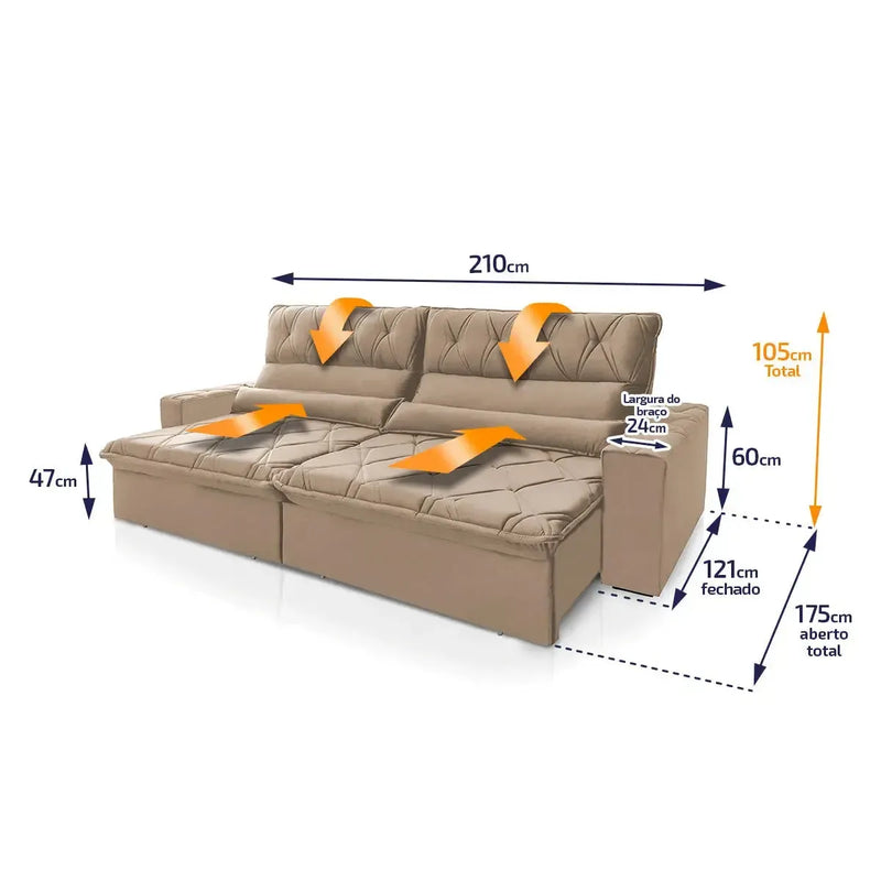 Sofá Retrátil Reclinável França 2,10m Suede Velut Bege Molas no Assento