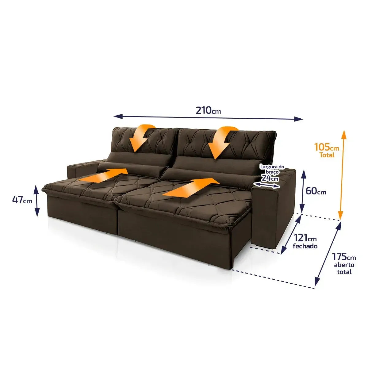 Sofá Retrátil Reclinável França 2,10m Suede Velut Marrom Molas no Assento