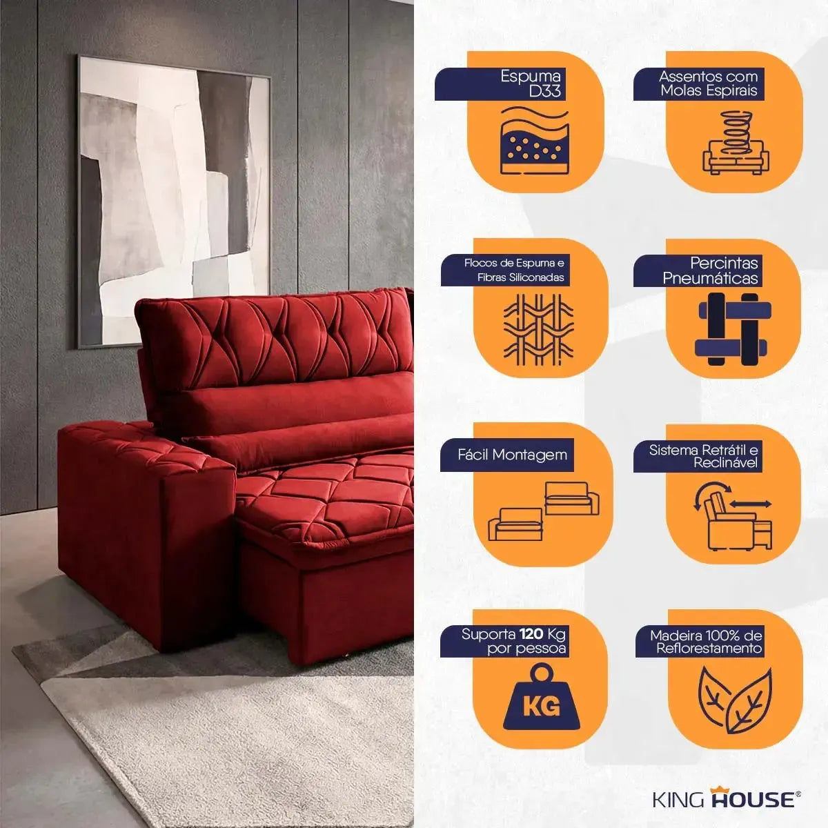 Sofá Retrátil Reclinável França 2,10m Suede Velut Vermelho Molas no Assento