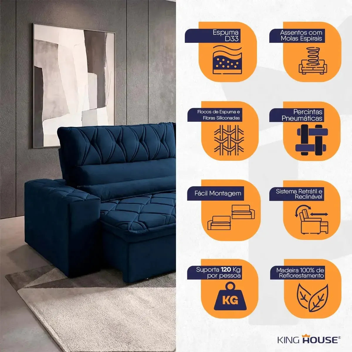 Sofá Retrátil Reclinável França 2,30m Suede Velut Azul Marinho Molas no Assento