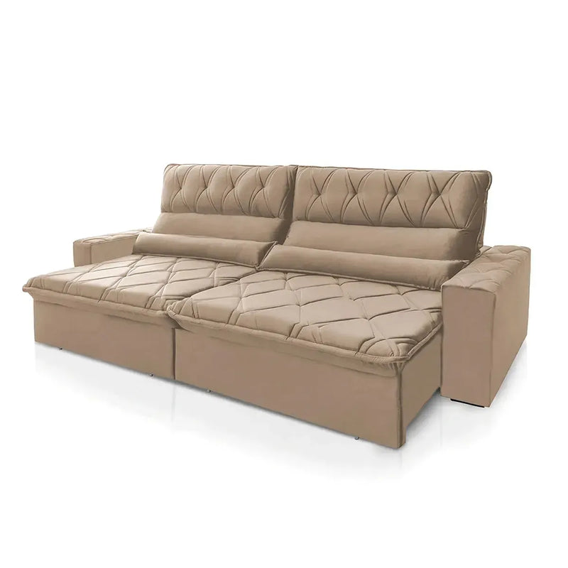 Sofá Retrátil Reclinável França 2,30m Suede Velut Bege Molas no Assento