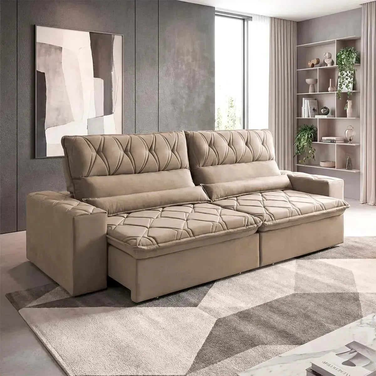 Sofá Retrátil Reclinável França 2,30m Suede Velut Bege Molas no Assento