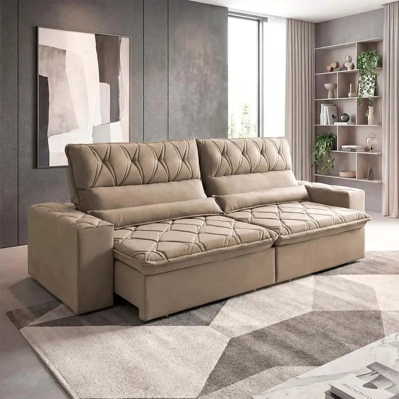 Sofá Retrátil Reclinável França 2,30m Suede Velut Bege Molas no Assento