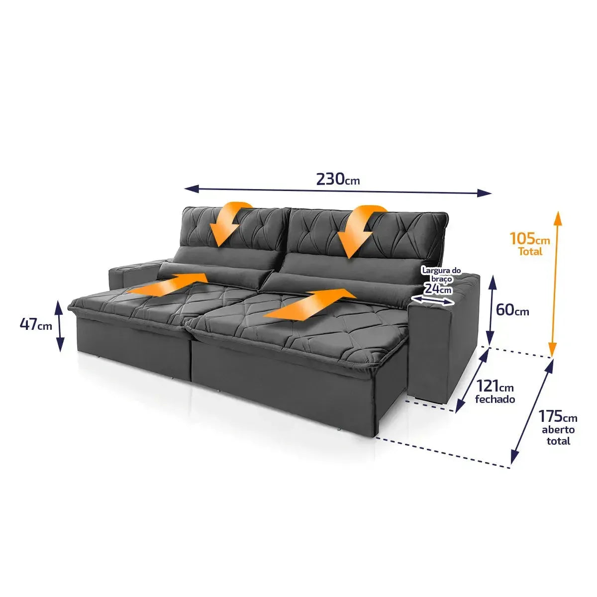 Sofá Retrátil Reclinável França 2,30m Suede Velut Cinza Molas no Assento