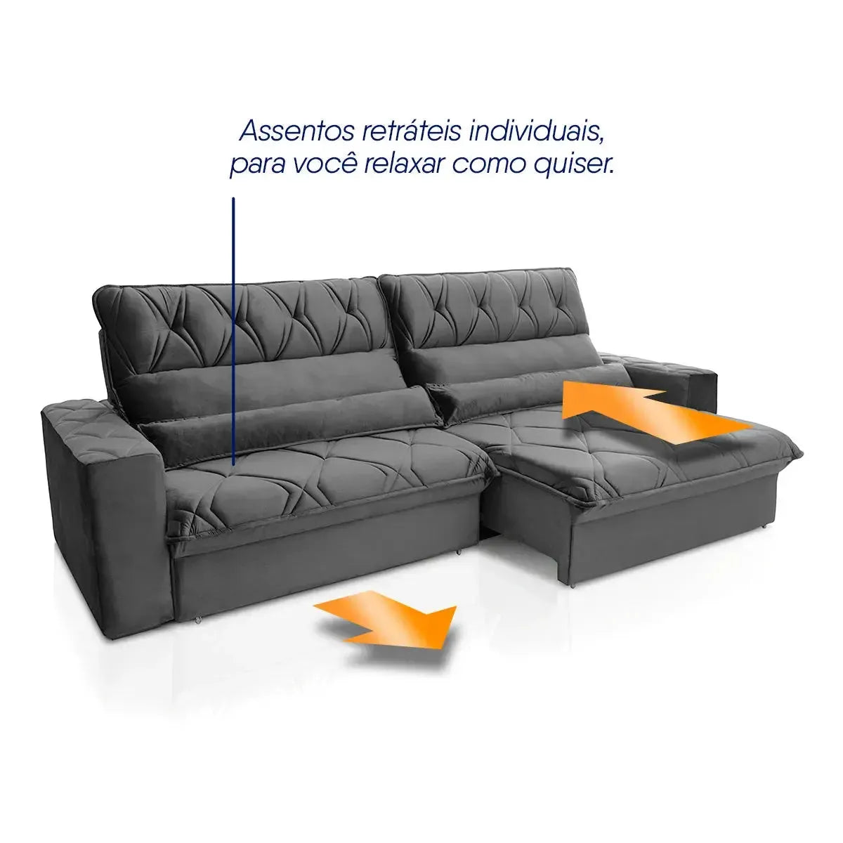 Sofá Retrátil Reclinável França 2,30m Suede Velut Cinza Molas no Assento
