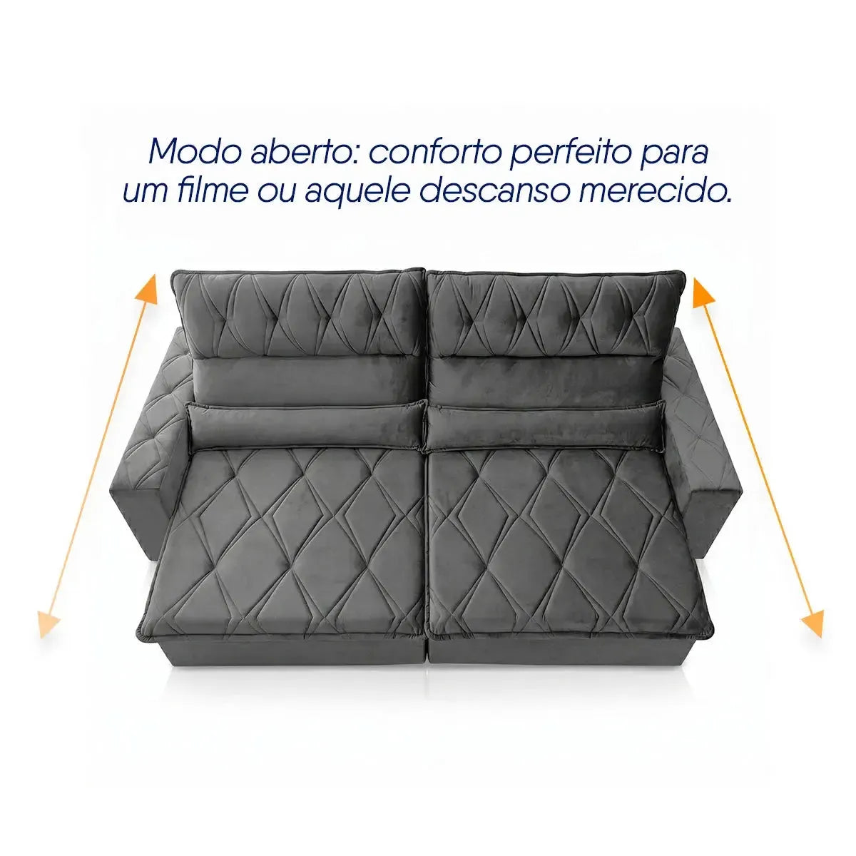Sofá Retrátil Reclinável França 2,30m Suede Velut Cinza Molas no Assento