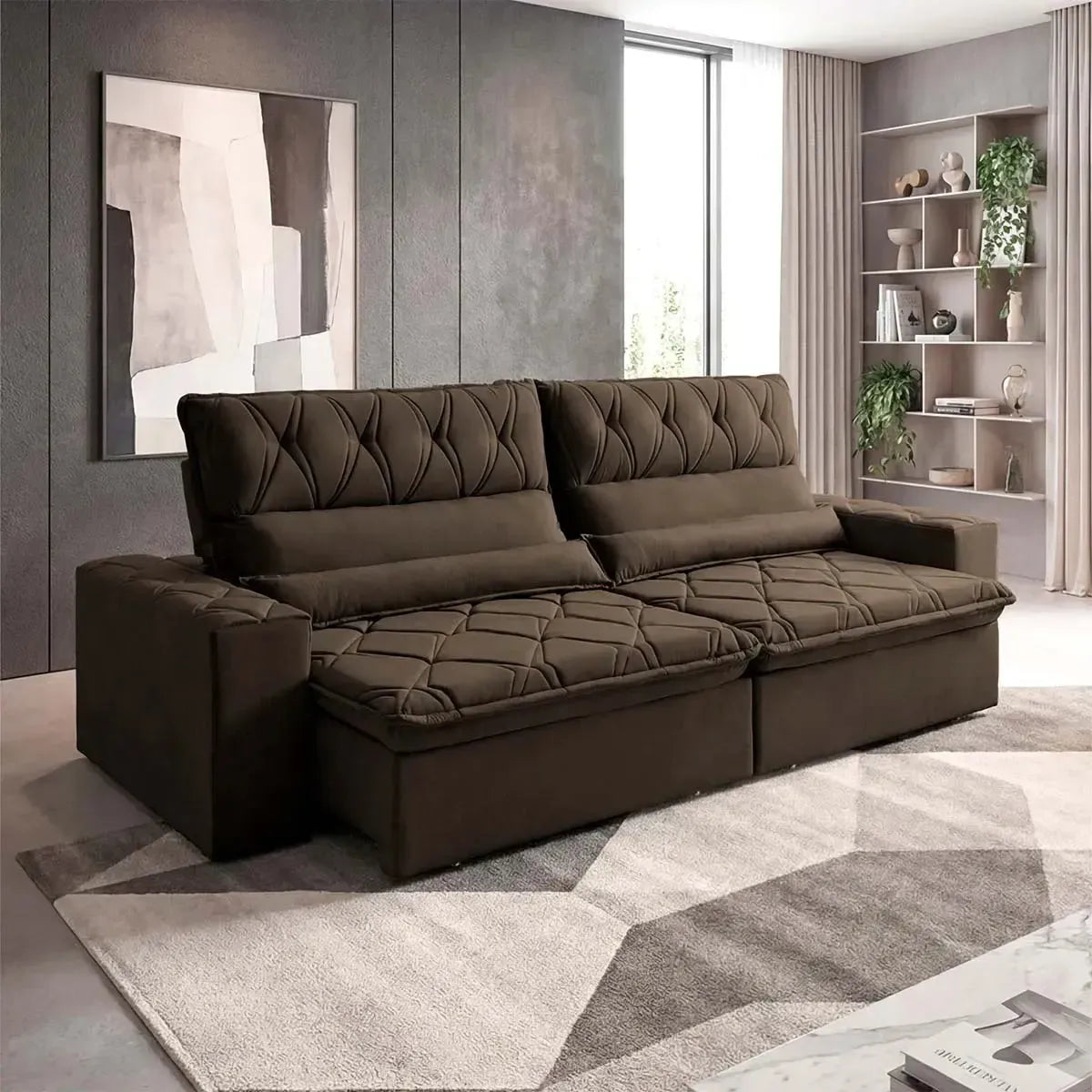 Sofá Retrátil Reclinável França 2,30m Suede Velut Marrom Molas no Assento