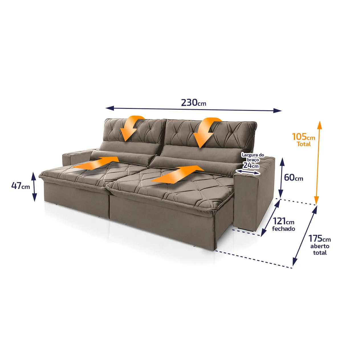 Sofá Retrátil Reclinável França 2,30m Suede Velut Tabaco Molas no Assento