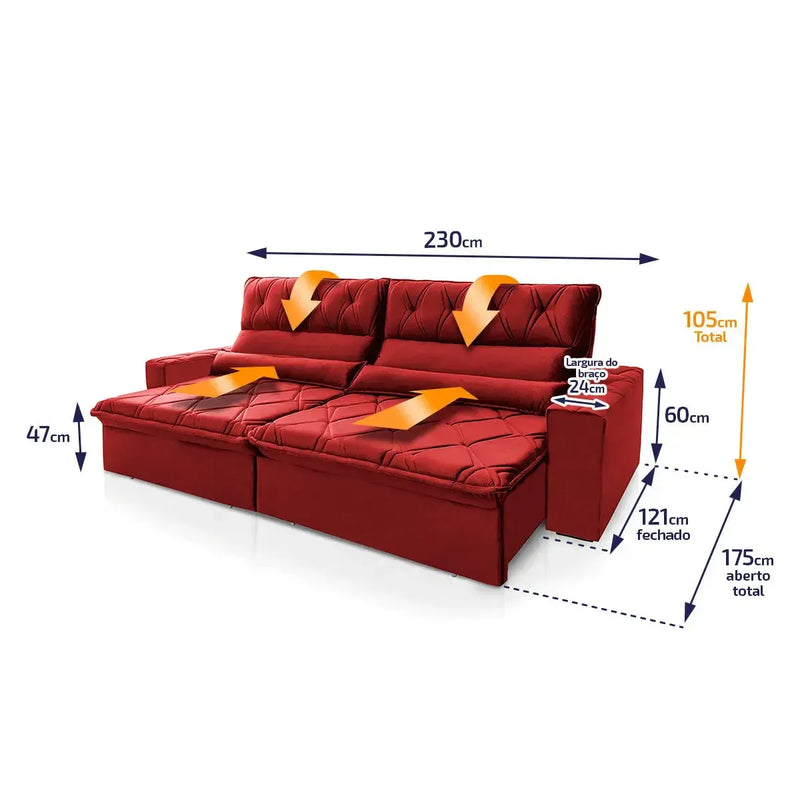 Sofá Retrátil Reclinável França 2,30m Suede Velut Vermelho Molas no Assento