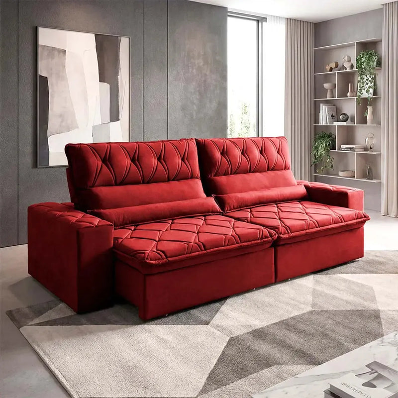 Sofá Retrátil Reclinável França 2,30m Suede Velut Vermelho Molas no Assento