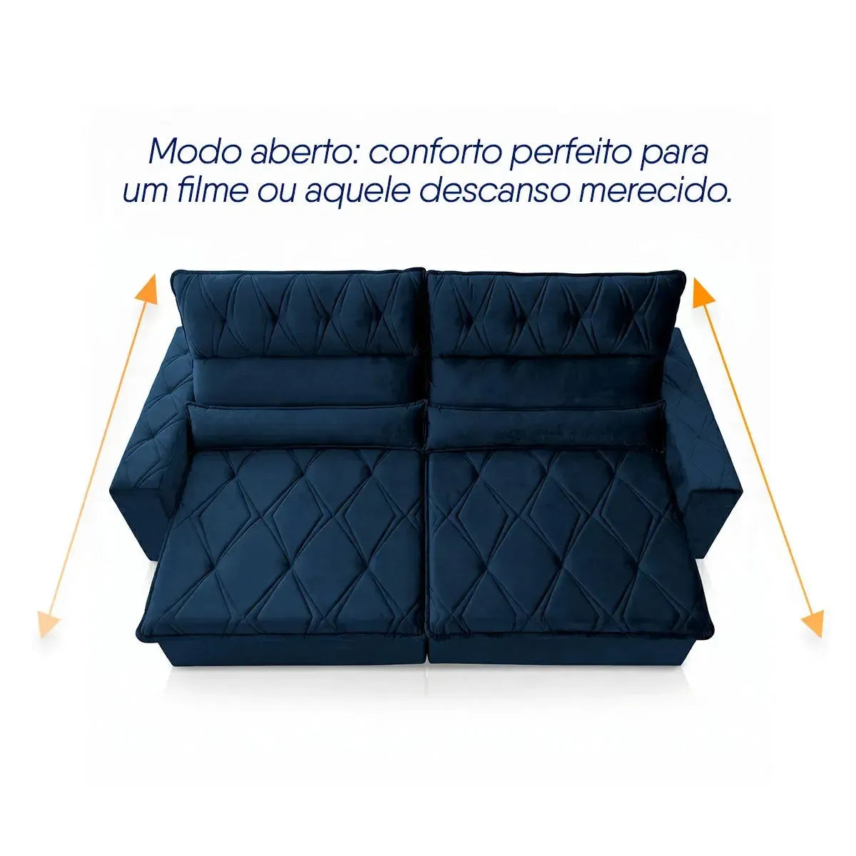 Sofá Retrátil Reclinável França 2,50m Suede Velut Azul Marinho Molas no Assento