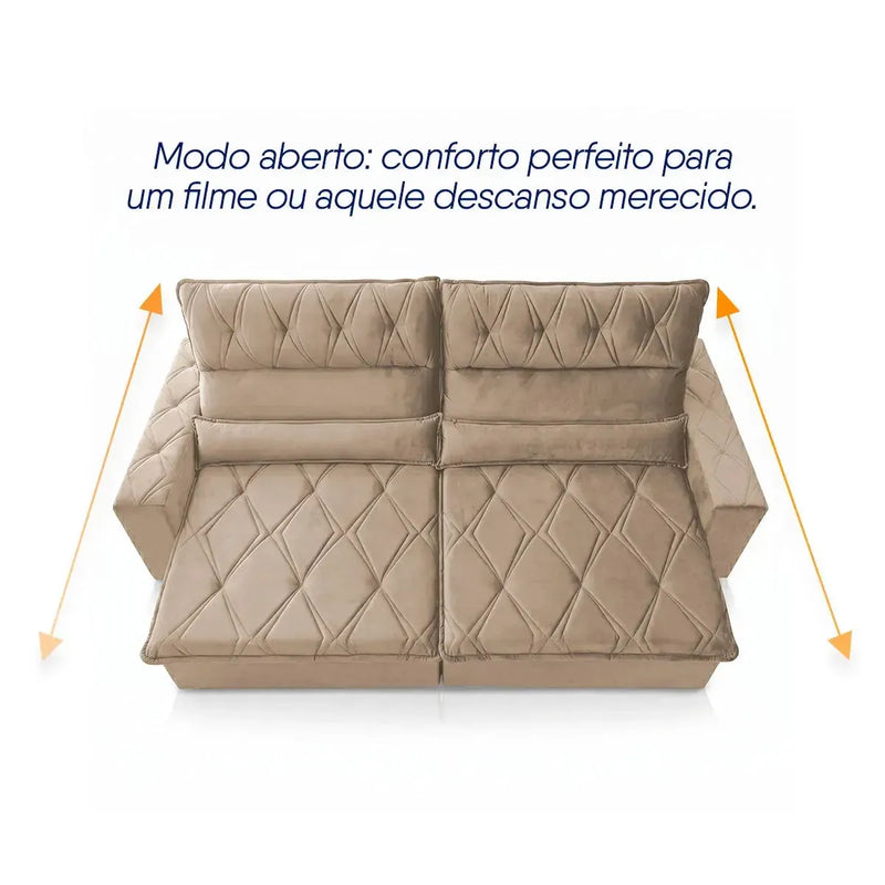 Sofá Retrátil Reclinável França 2,50m Suede Velut Bege Molas no Assento