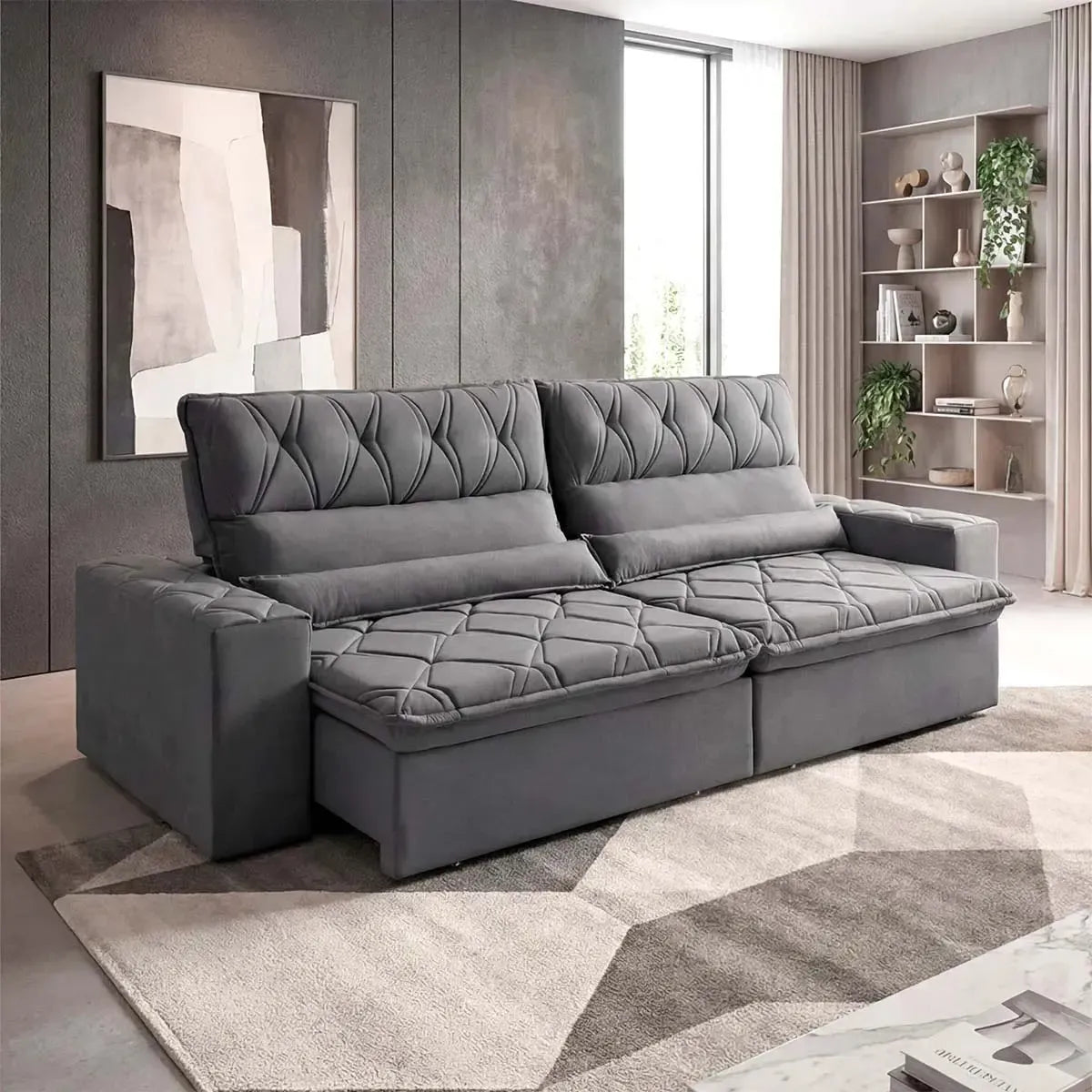 Sofá Retrátil Reclinável França 2,50m Suede Velut Cinza Molas no Assento