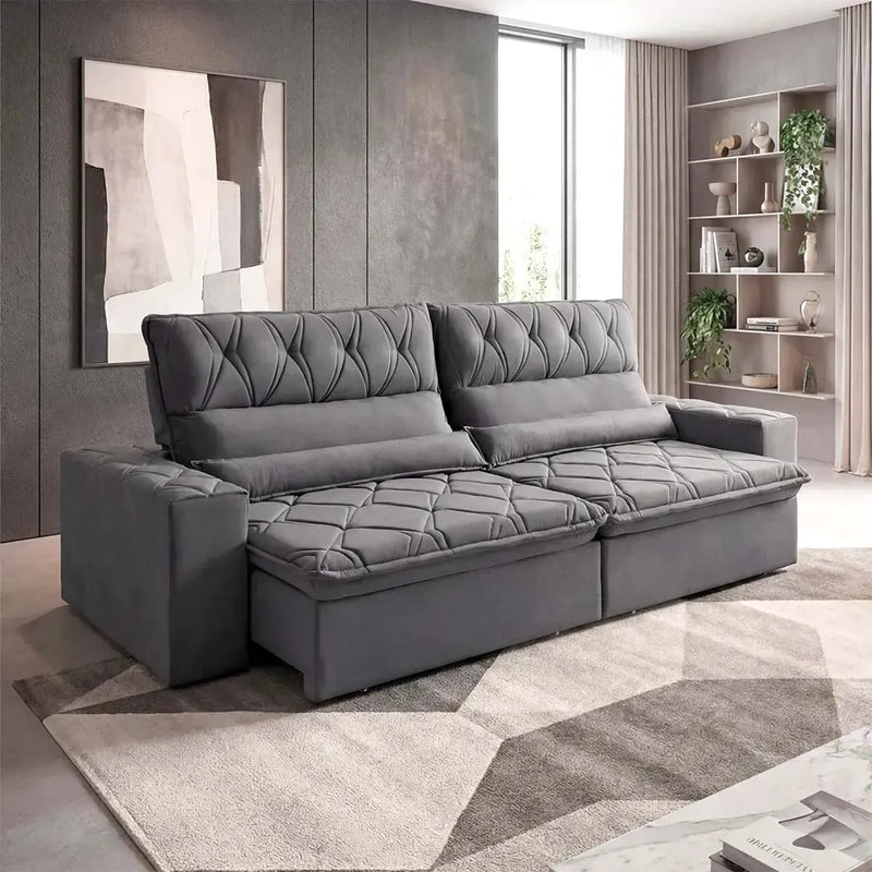 Sofá Retrátil Reclinável França 2,50m Suede Velut Cinza Molas no Assento