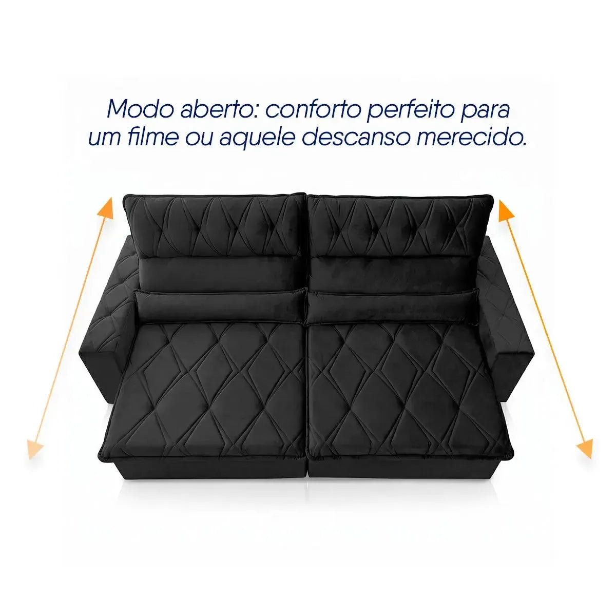 Sofá Retrátil Reclinável França 2,50m Suede Velut Preto Molas no Assento