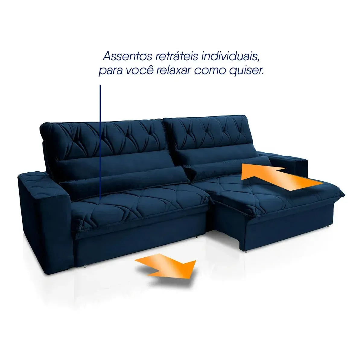 Sofá Retrátil Reclinável França 2,70m Suede Velut Azul Marinho Molas no Assento