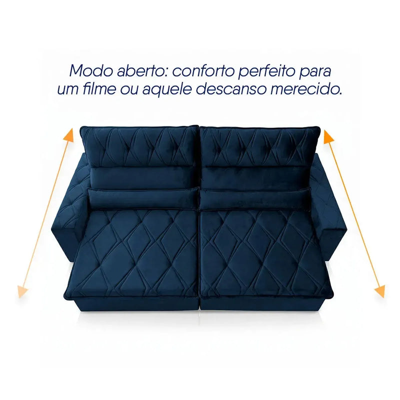 Sofá Retrátil Reclinável França 2,70m Suede Velut Azul Marinho Molas no Assento