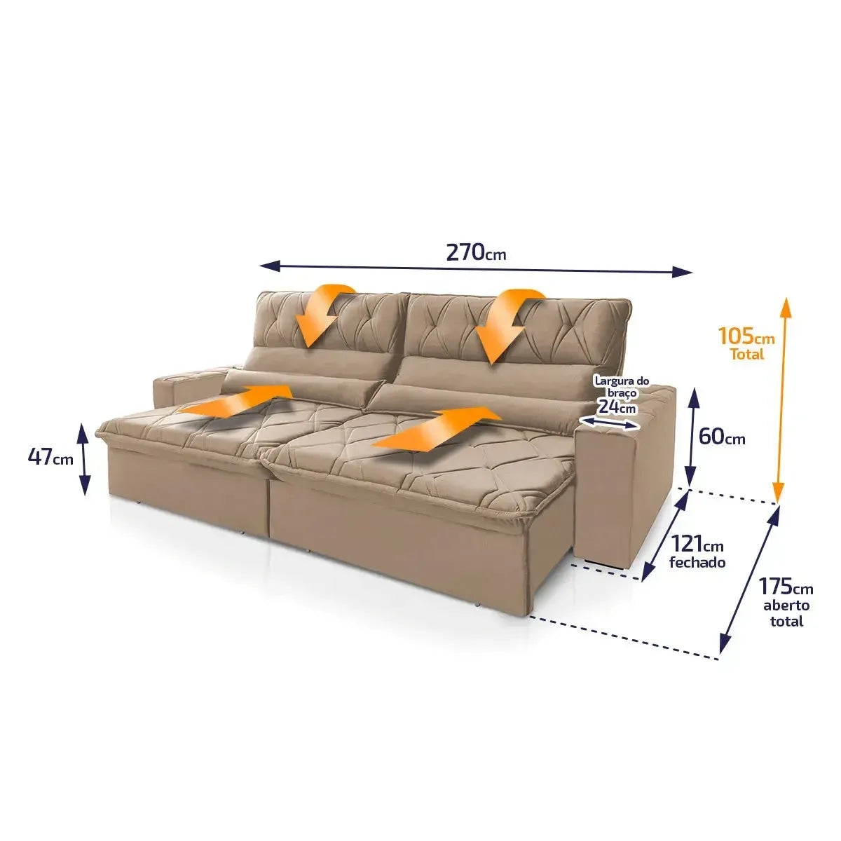 Sofá Retrátil Reclinável França 2,70m Suede Velut Bege Molas no Assento