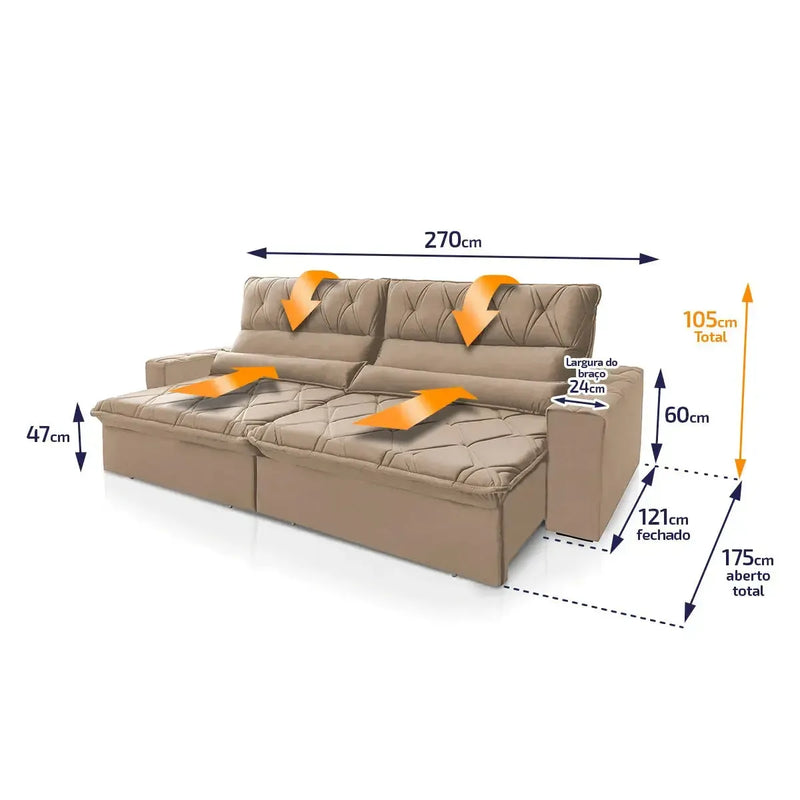 Sofá Retrátil Reclinável França 2,70m Suede Velut Bege Molas no Assento