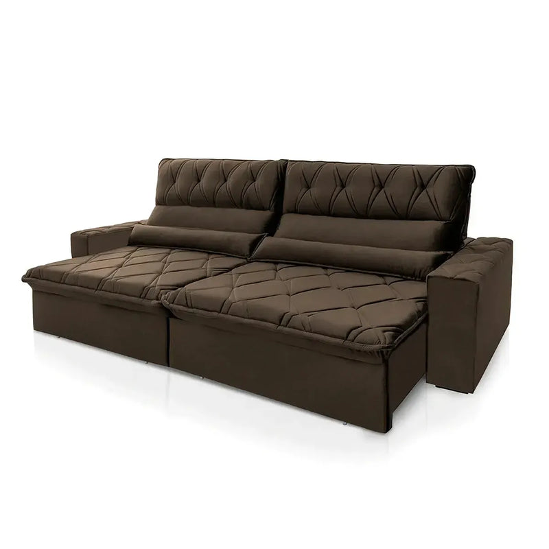 Sofá Retrátil Reclinável França 2,70m Suede Velut Marrom Molas no Assento