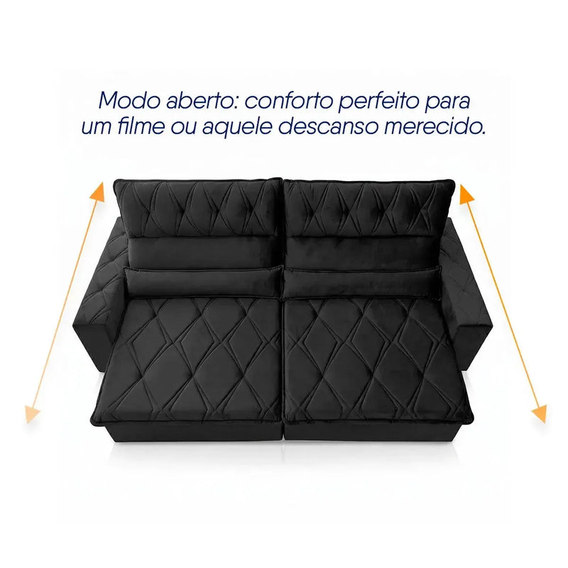 Sofá Retrátil Reclinável França 2,70m Suede Velut Preto Molas no Assento