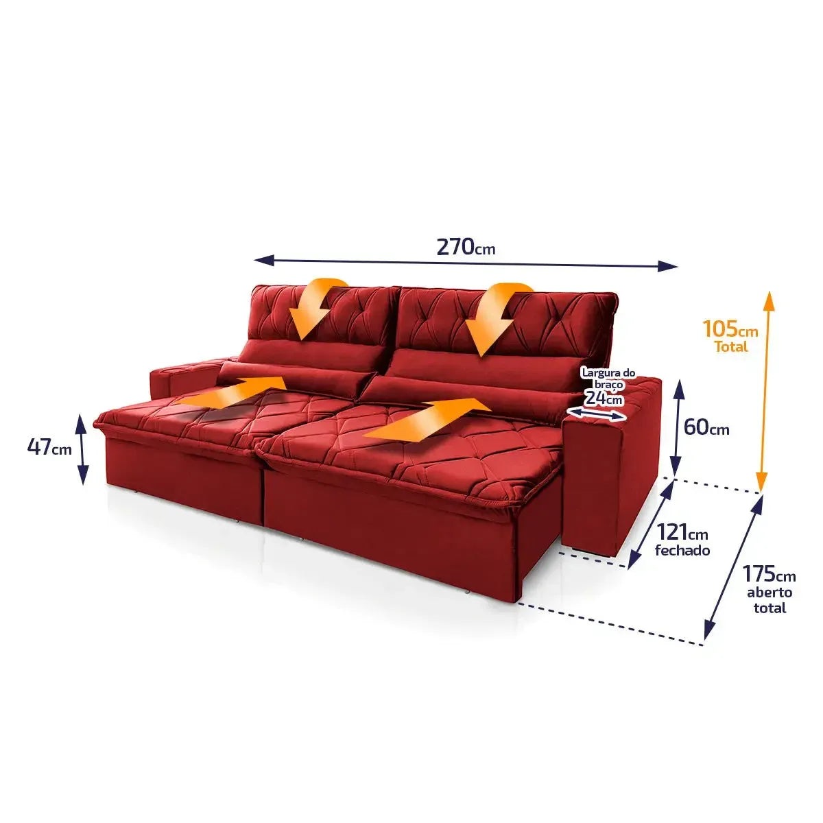 Sofá Retrátil Reclinável França 2,70m Suede Velut Vermelho Molas no Assento