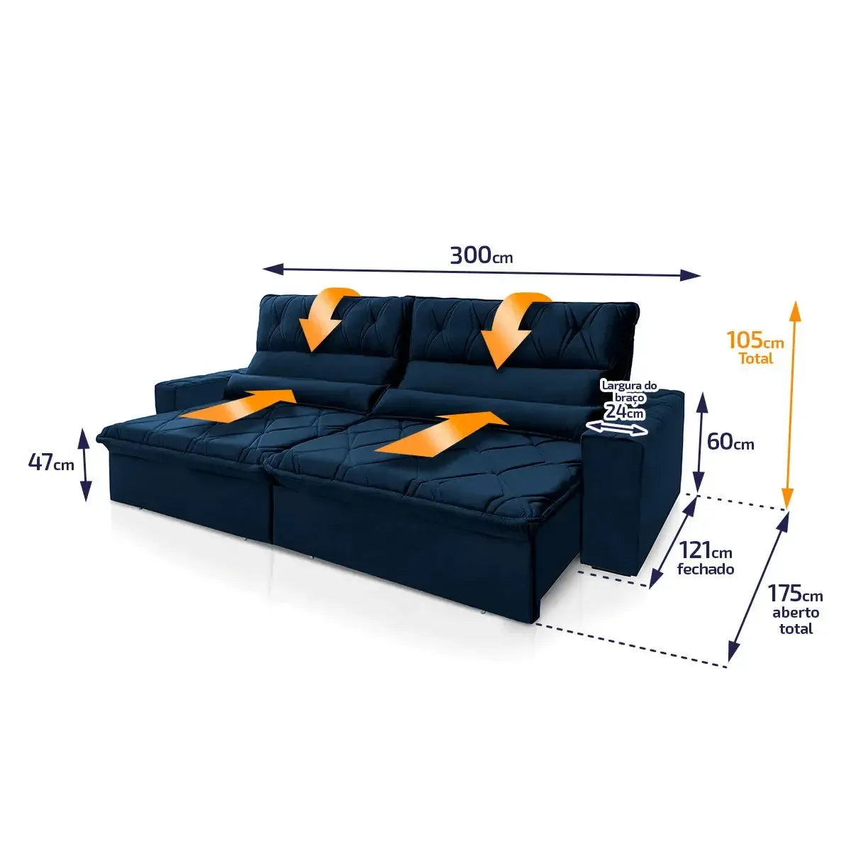 Sofá Retrátil Reclinável França 3,00m Suede Velut Azul Marinho Molas no Assento