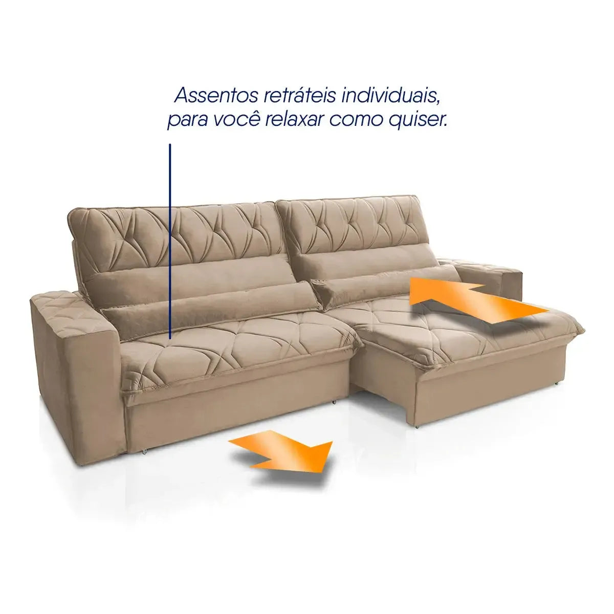 Sofá Retrátil Reclinável França 3,00m Suede Velut Bege Molas no Assento