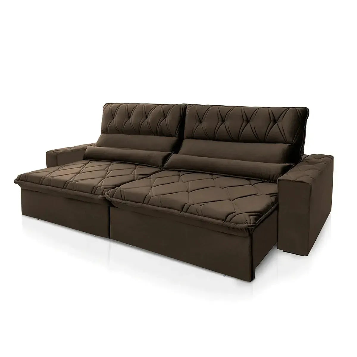 Sofá Retrátil Reclinável França 3,00m Suede Velut Marrom Molas no Assento