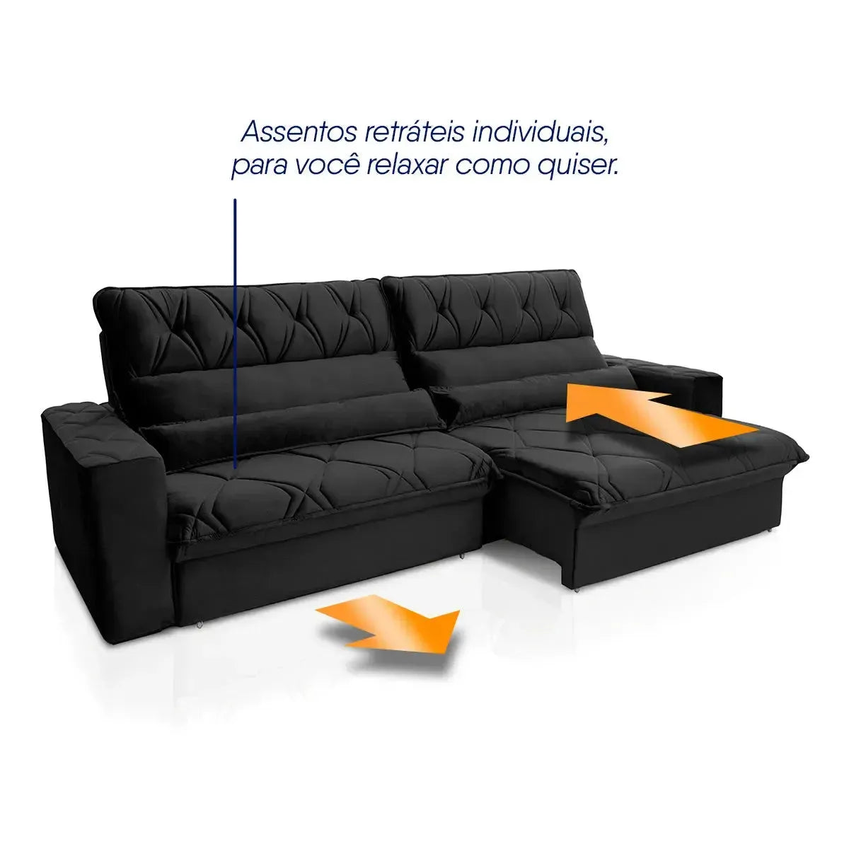 Sofá Retrátil Reclinável França 3,00m Suede Velut Preto Molas no Assento