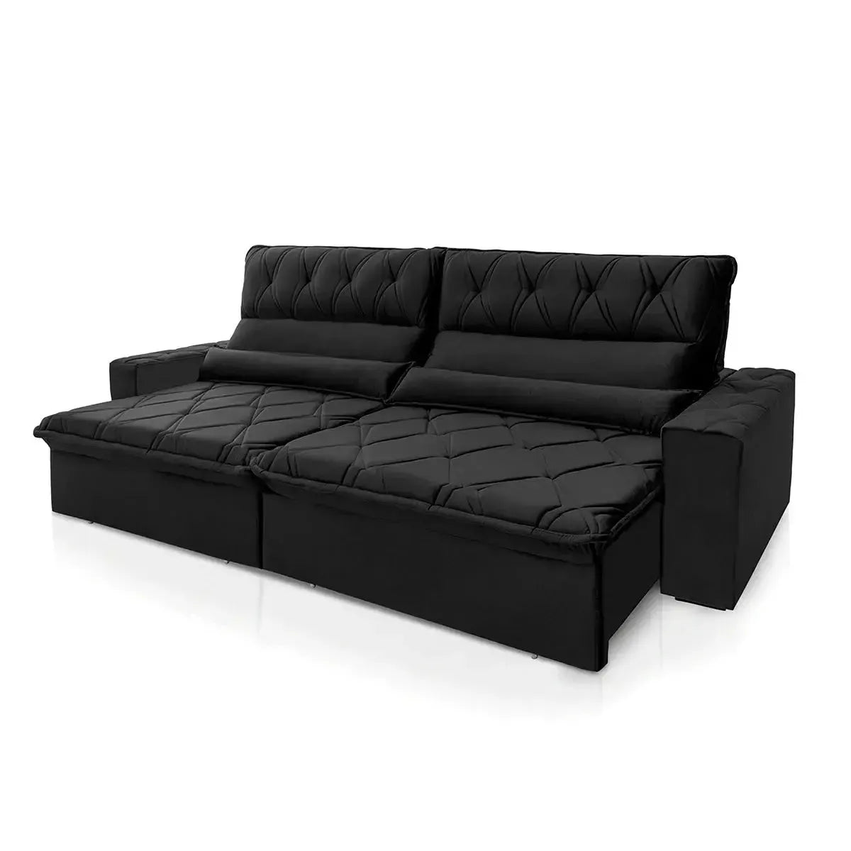 Sofá Retrátil Reclinável França 3,00m Suede Velut Preto Molas no Assento