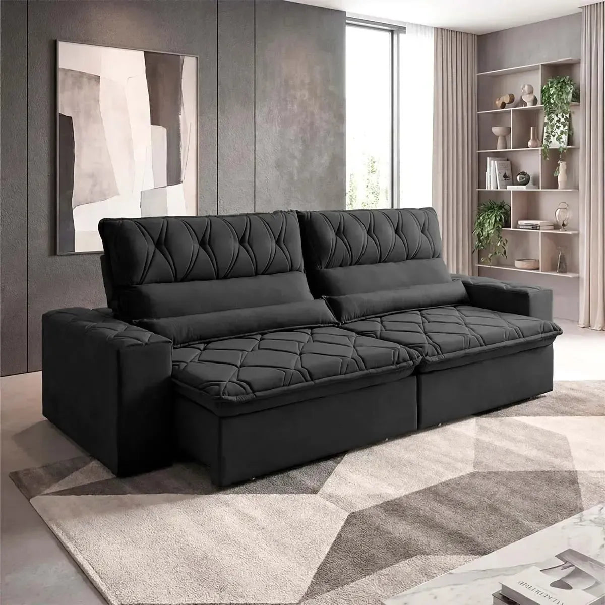 Sofá Retrátil Reclinável França 3,00m Suede Velut Preto Molas no Assento
