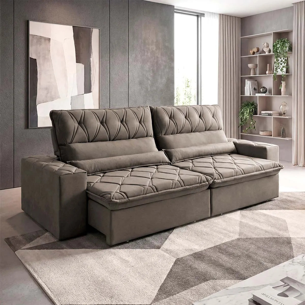 Sofá Retrátil Reclinável França 3,00m Suede Velut Tabaco Molas no Assento